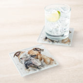 MOOIE WATERVERF BRUIN WIT BULLDOG GEZICHT GLAZEN ONDERZETTER (Schuin)