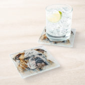 MOOIE WATERVERF BRUIN WIT BULLDOG GEZICHT GLAZEN ONDERZETTER (Schuin)