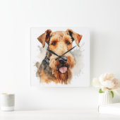 MOOIE WATERVERF BRUINE AIREDALE TERRIER HOND VIERKANTE KLOK (Huis)