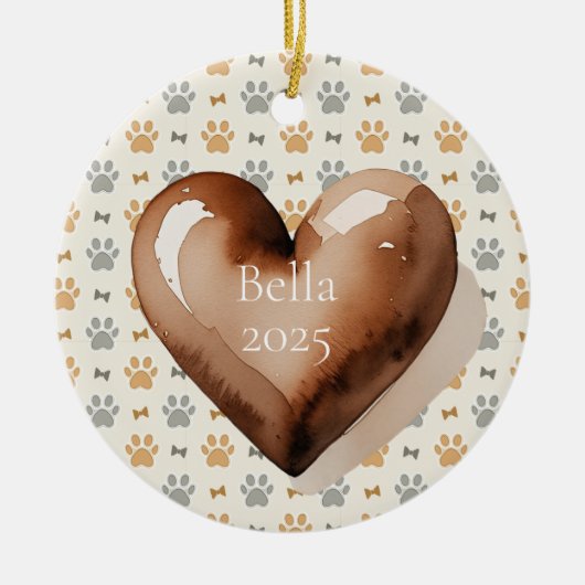 Mooie Waterverf Bruine Hart Pootafdruk Huisdier Keramisch Ornament (Voorkant)