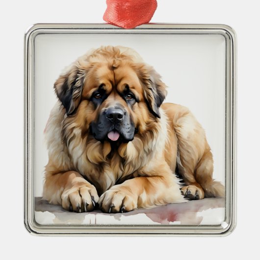 MOOIE WATERVERF BRUINE LEONBERGER HOND METALEN ORNAMENT (Voorkant)