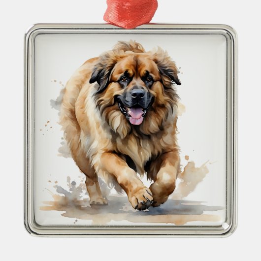 MOOIE WATERVERF BRUINE LEONBERGER HOND METALEN ORNAMENT (Voorkant)