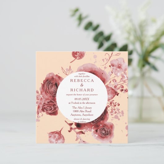 Mooie Waterverf Burgundy florale bruiloft Kaart (Staand voorkant)