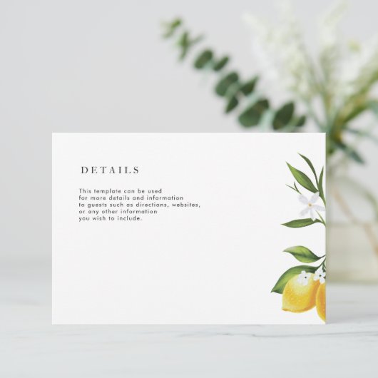 Mooie waterverf citroen bruiloft details kaart (Staand voorkant)