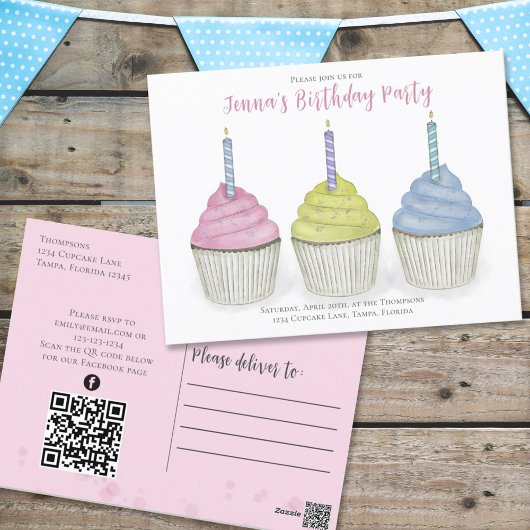 Mooie Waterverf Cupcakes QR Code Sociale Media Briefkaart