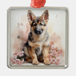 MOOIE WATERVERF DUITSE HERDER PUPPY DOG METALEN ORNAMENT