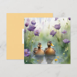 Mooie waterverf eend en wilde bloemen blanco kaart