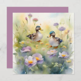 Mooie waterverf eend met wilde bloemen blanco feestdagenkaart