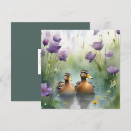 Mooie waterverf eend met wilde bloemen blanco  kaart