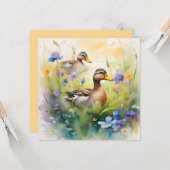 Mooie waterverf eend met wilde bloemen blanco kaart (Voorkant / Achterkant in situ)