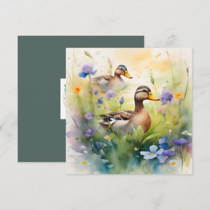 Mooie waterverf eend met wilde bloemen blanco kaart