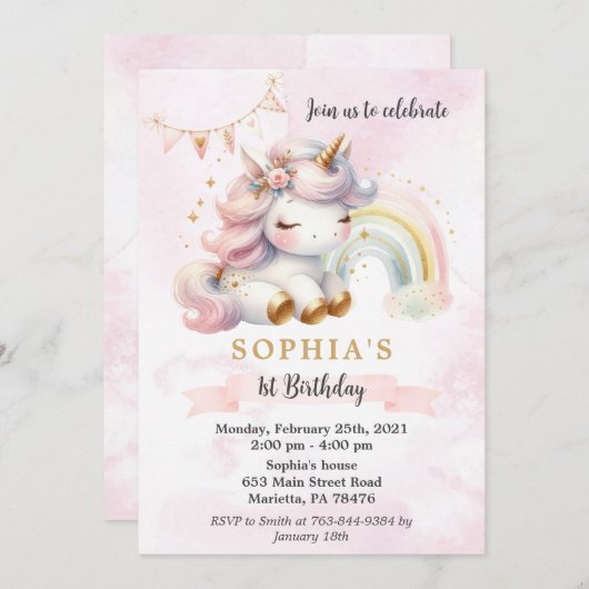 Mooie Waterverf Eenhoorn en Regenboog Verjaardag Kaart (Voorkant / Achterkant)