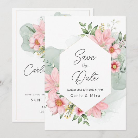 Mooie Waterverf Floral bespaart de datum Save The Date (Voorkant / Achterkant)