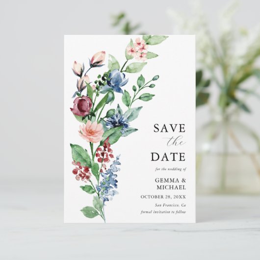 Mooie Waterverf Floral en Greenery Wedding Save The Date (Staand voorkant)