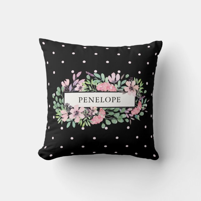 Mooie Waterverf Floral | Polka Dots on Black Kussen (Voorkant)