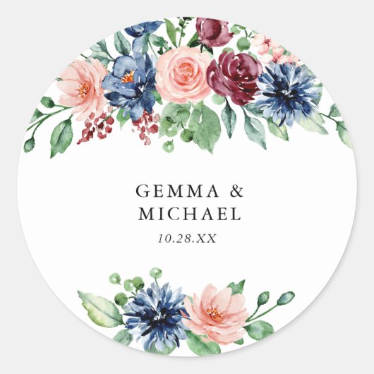 Mooie Waterverf Floral Wedding Ronde Sticker (Voorkant)