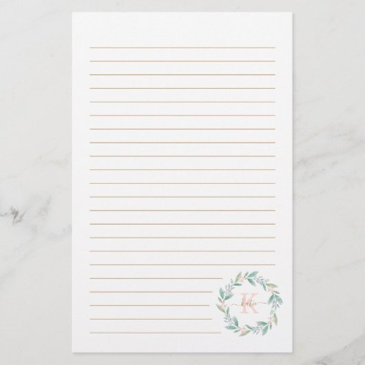 Mooie Waterverf Floral Wreath Monogram Briefpapier (Voorkant)