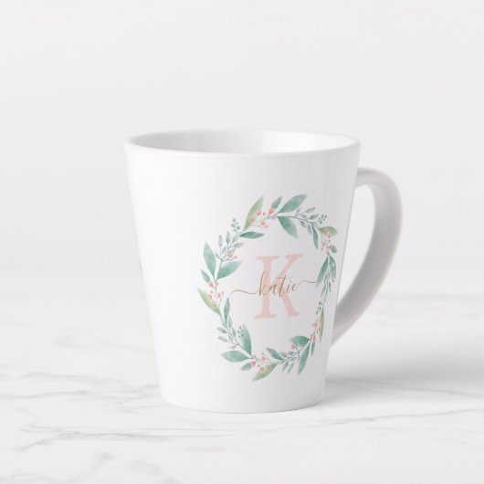 Mooie Waterverf Floral Wreath Monogram Latte Mok (Rechterhoek)
