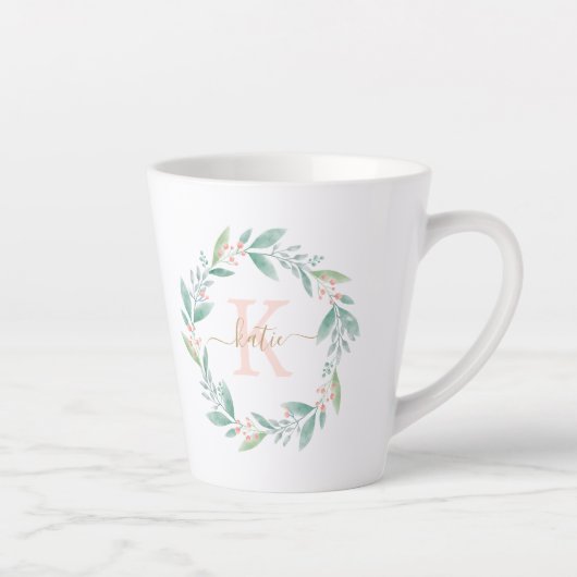 Mooie Waterverf Floral Wreath Monogram Latte Mok (Rechts)