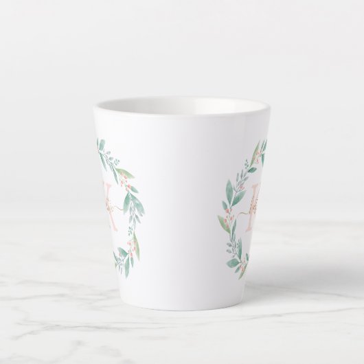 Mooie Waterverf Floral Wreath Monogram Latte Mok (Voorkant)