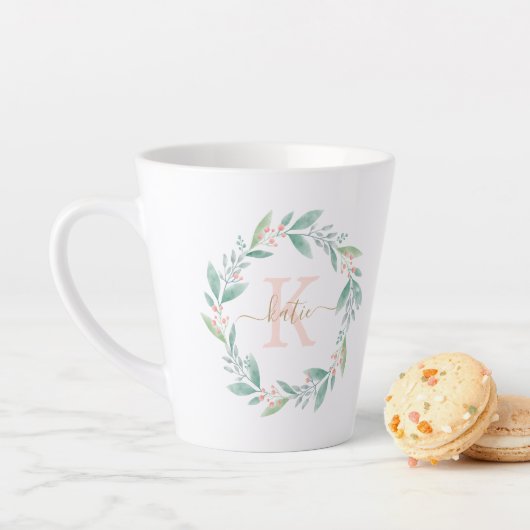 Mooie Waterverf Floral Wreath Monogram Latte Mok (In situ)