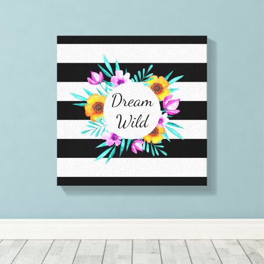 Mooie Waterverf Flowers Black Stripes Quote Canvas Afdruk (Insitu (Houten vloer))