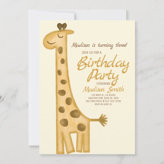 Mooie Waterverf Giraffe Birthday Uitnodiging (Voorkant)