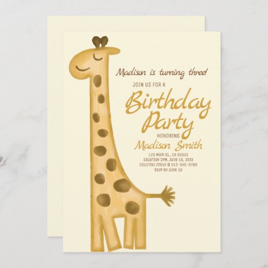 Mooie Waterverf Giraffe Birthday Uitnodiging (Voorkant / Achterkant)