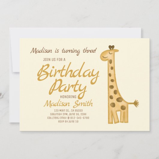 Mooie Waterverf Giraffe Verjaardagsuitnodiging Kaart (Voorkant)