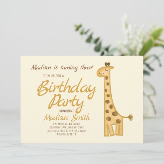 Mooie Waterverf Giraffe Verjaardagsuitnodiging Kaart (Staand voorkant)