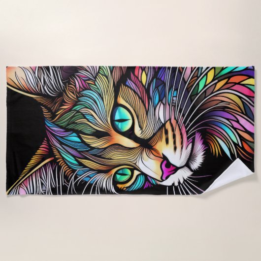 Mooie Waterverf Glas in lood Cat Strandlaken (Voorkant)