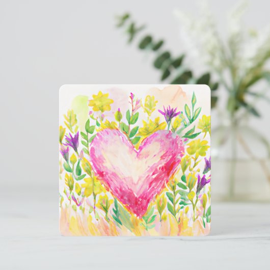 Mooie waterverf hart- en bloemkaartje (Staand voorkant)