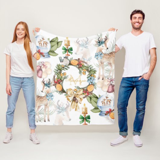 Mooie Waterverf Herten Kerst Monogrammed Fleece Deken (In situ)