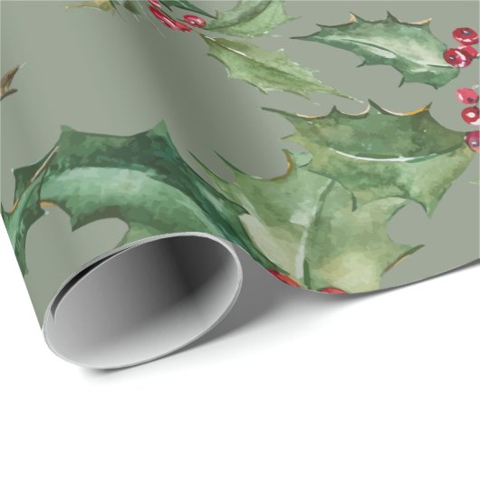 Mooie Waterverf Holly en Berries Cadeaupapier (Rol Hoek)