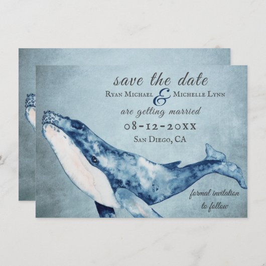Mooie Waterverf Humpback Whale Beach Weddenschap Save The Date (Voorkant / Achterkant)