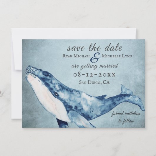 Mooie Waterverf Humpback Whale Beach Weddenschap Save The Date (Voorkant)