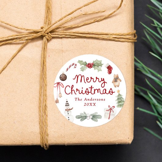 Mooie waterverf illustraties Prettig kerstfeest Ronde Sticker