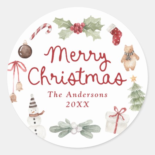 Mooie waterverf illustraties Prettig kerstfeest Ronde Sticker (Voorkant)