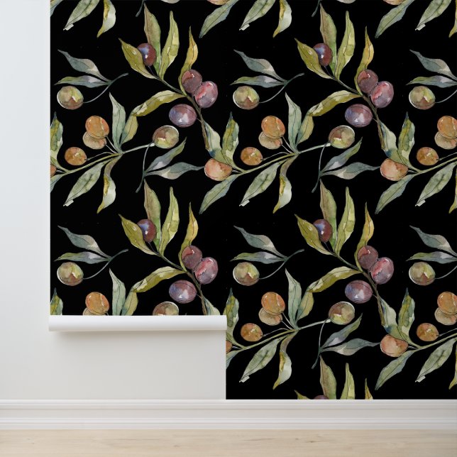 Mooie Waterverf italiaanse olijven patroontje zwar Behang (Applicatie)