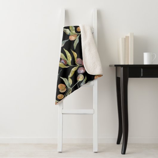 Mooie Waterverf italiaanse olijven patroontje zwar Sherpa Deken (In situ)