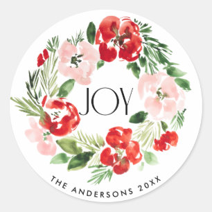 Mooie Waterverf Kerstkrans Joy Ronde Sticker