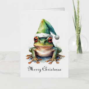Mooie Waterverf Kikker Kerstman Hoed Kerstkaart Folie Feestdagenkaart