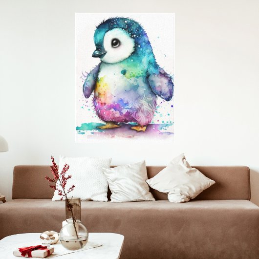 Mooie waterverf kleurrijke baby pinguïn muur  canvas afdruk