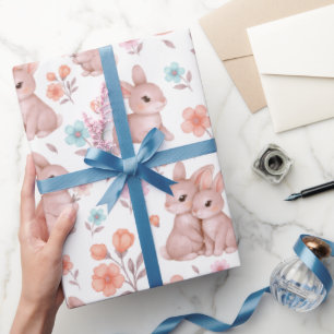 Mooie Waterverf Konijnen & Bloemen Patroon Cadeaupapier