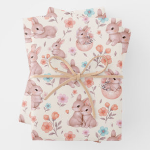Mooie Waterverf Konijnen & Bloemen Patroon Inpakpapier Vel