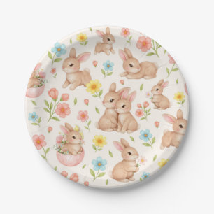Mooie Waterverf Konijnen & Bloemen Patroon Papieren Bordje