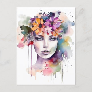 Mooie Waterverf meisje met bloemen in haar haar ha Briefkaart