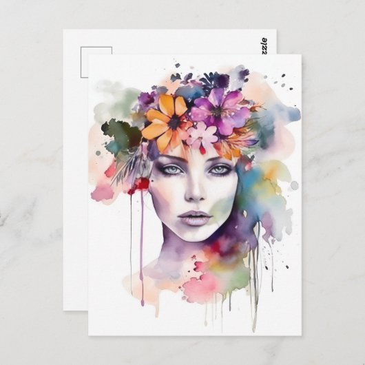 Mooie Waterverf meisje met bloemen in haar haar ha Briefkaart (Voorkant / Achterkant)