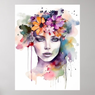 Mooie Waterverf meisje met bloemen in haar haar ha Poster