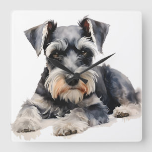 MOOIE WATERVERF MINIATUUR SCHNAUZER HOND VIERKANTE KLOK